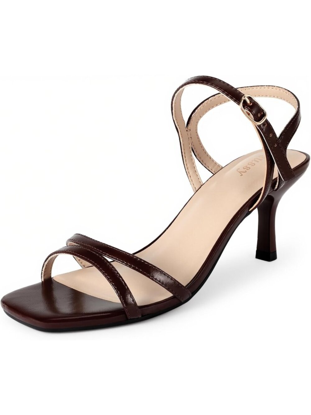 Women's Brown Kitten Heels Square Open Toe Ankle Stylish Strappy Heeled Sandals